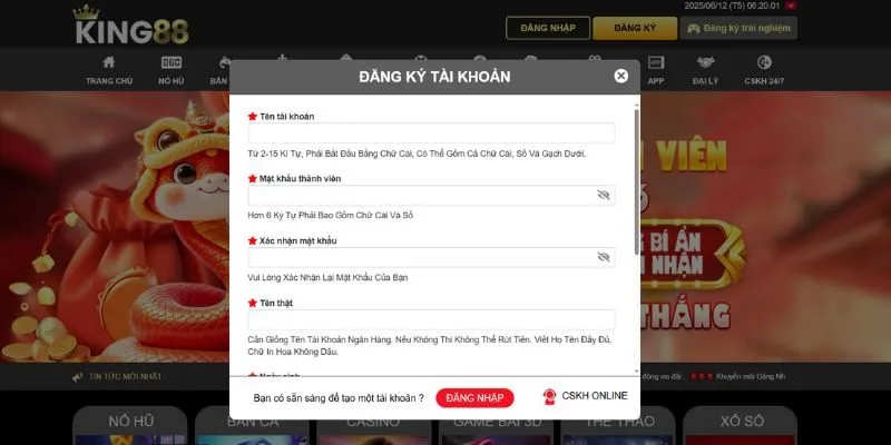 Bảng thông tin đăng ký cho thành viên mới